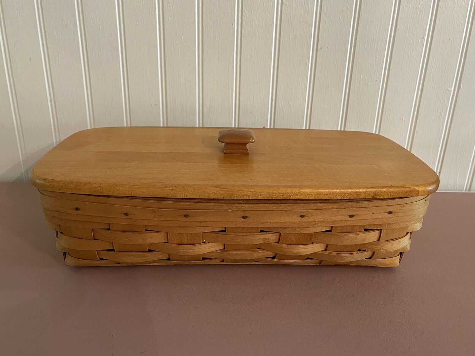 Longerberger Vintage 1999 Wooden Long Bread Basket With Lid And Liner Maple