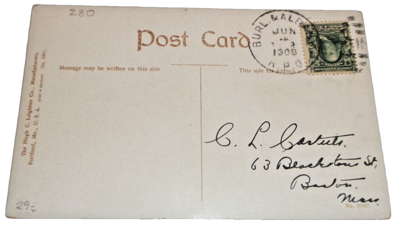 JUNE 1908 RUTLAND BURLINGTON & ALBANY RPO HANDLED POST CARD