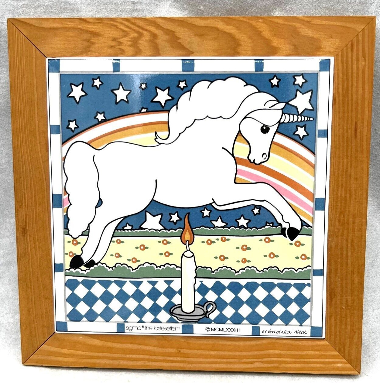 Vintage Mythical Unicorn Andrea West Sigma Tastesetter Tile Trivet Wall 1980\'s