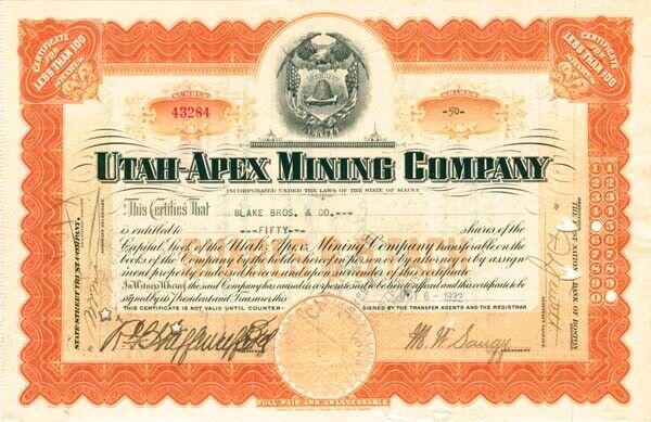 Utah-Apex Mining Co. - Stock Certificate - Mining Stocks