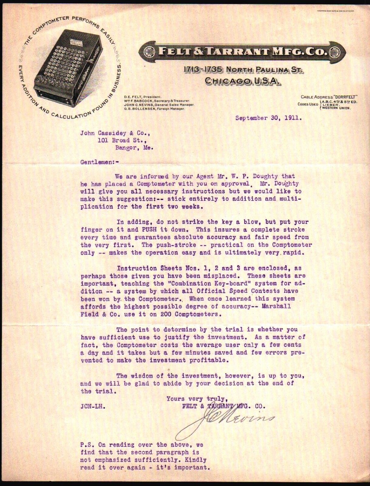 1911 Chicago - Felt & Tarrant Mfg Co - Comptometer - Rare Letter Head Bill