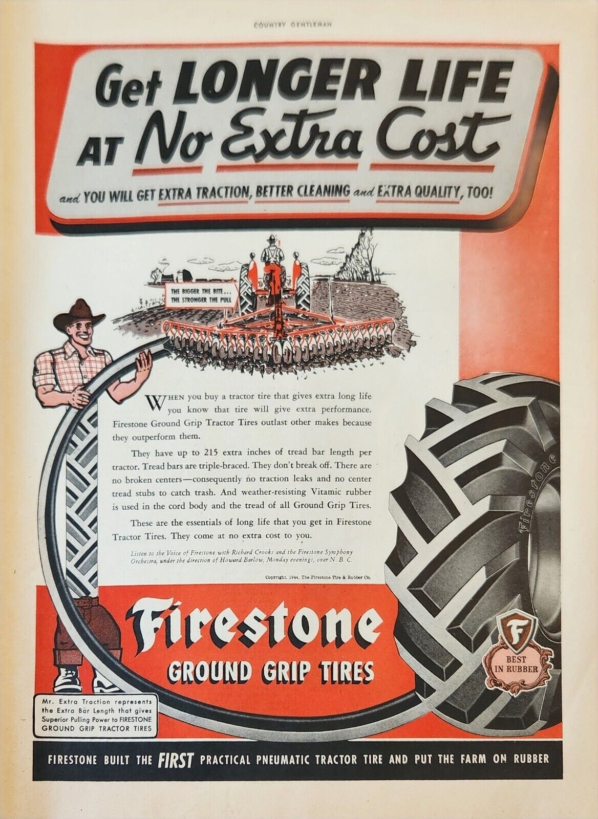 1944 Firestone Longer Life Tires Vintage Ad Ground grip tires
