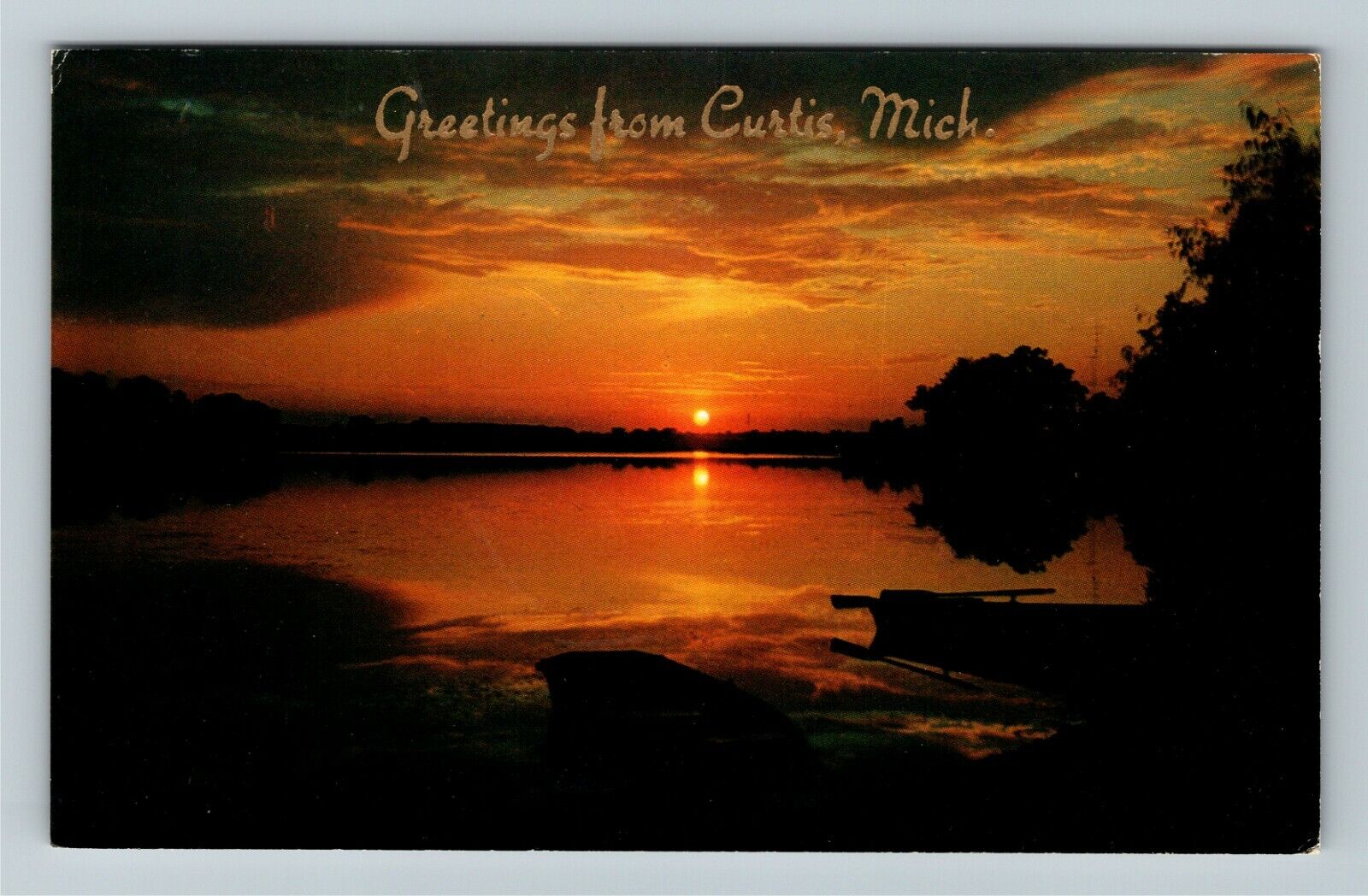 Curtis MI-Michigan, Scenic Greetings, Sunset Vintage Souvenir Postcard