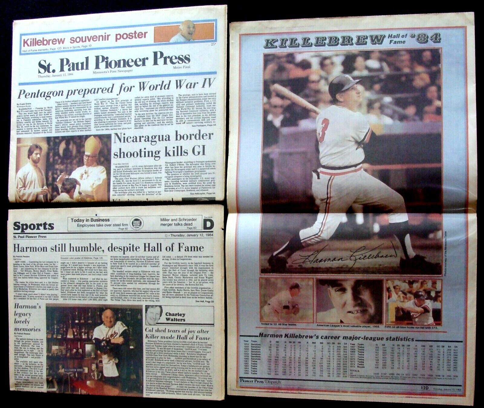 1984 HARMON KILLEBREW HOF ELECTION ST. PAUL NEWSPAPER & SPORTS SECTION W/ POSTER