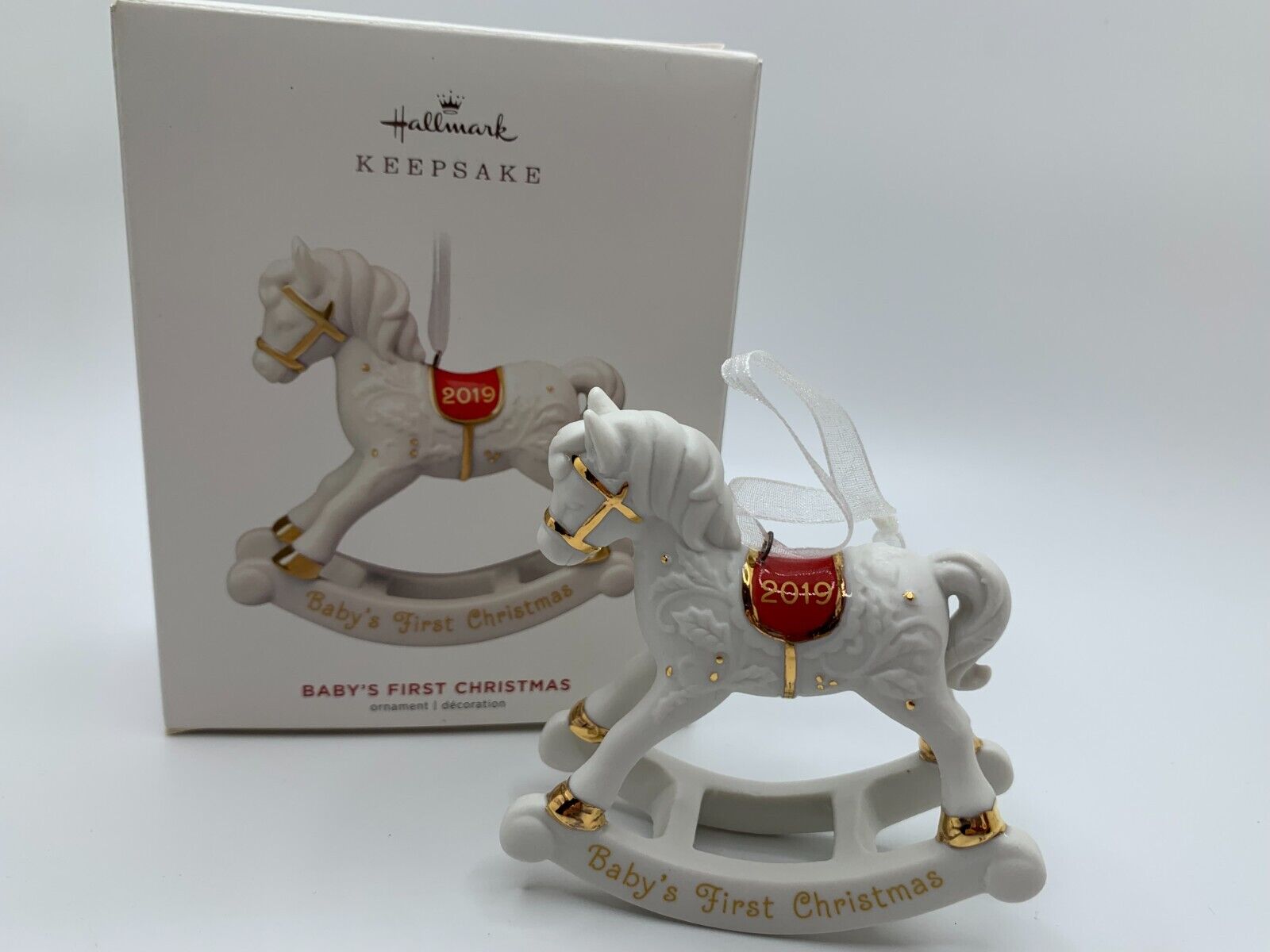 Baby\'s First Christmas Rocking Horse Porcelain Baby 2019 Hallmark Ornament NEW