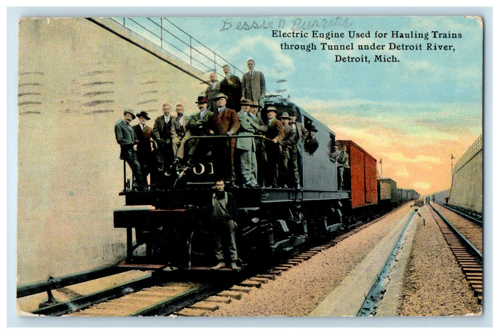 1911 Passenger Scene Electric Engine Used for Hauling Trains Detroit MI Postcard