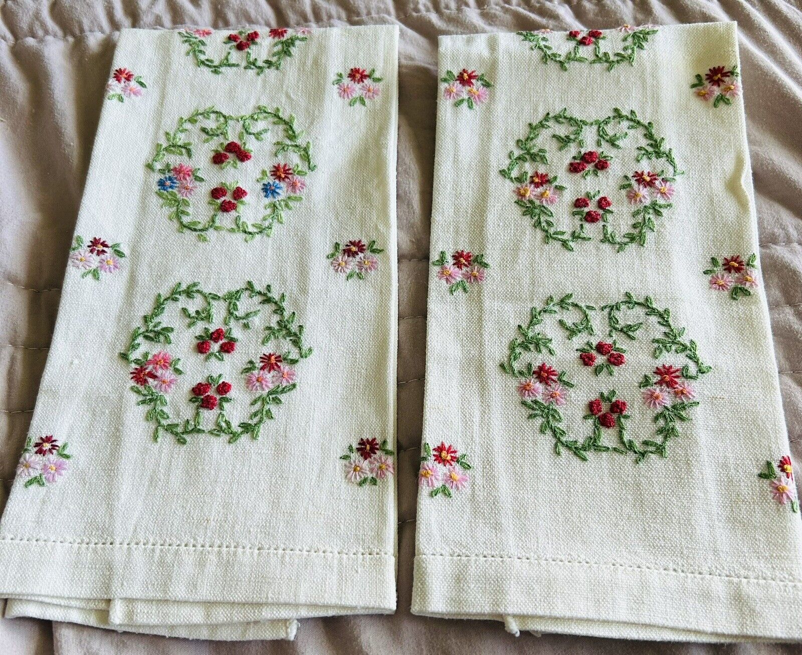 Vintage Hand embroidered linen towels new Ireland what could you bring them in h