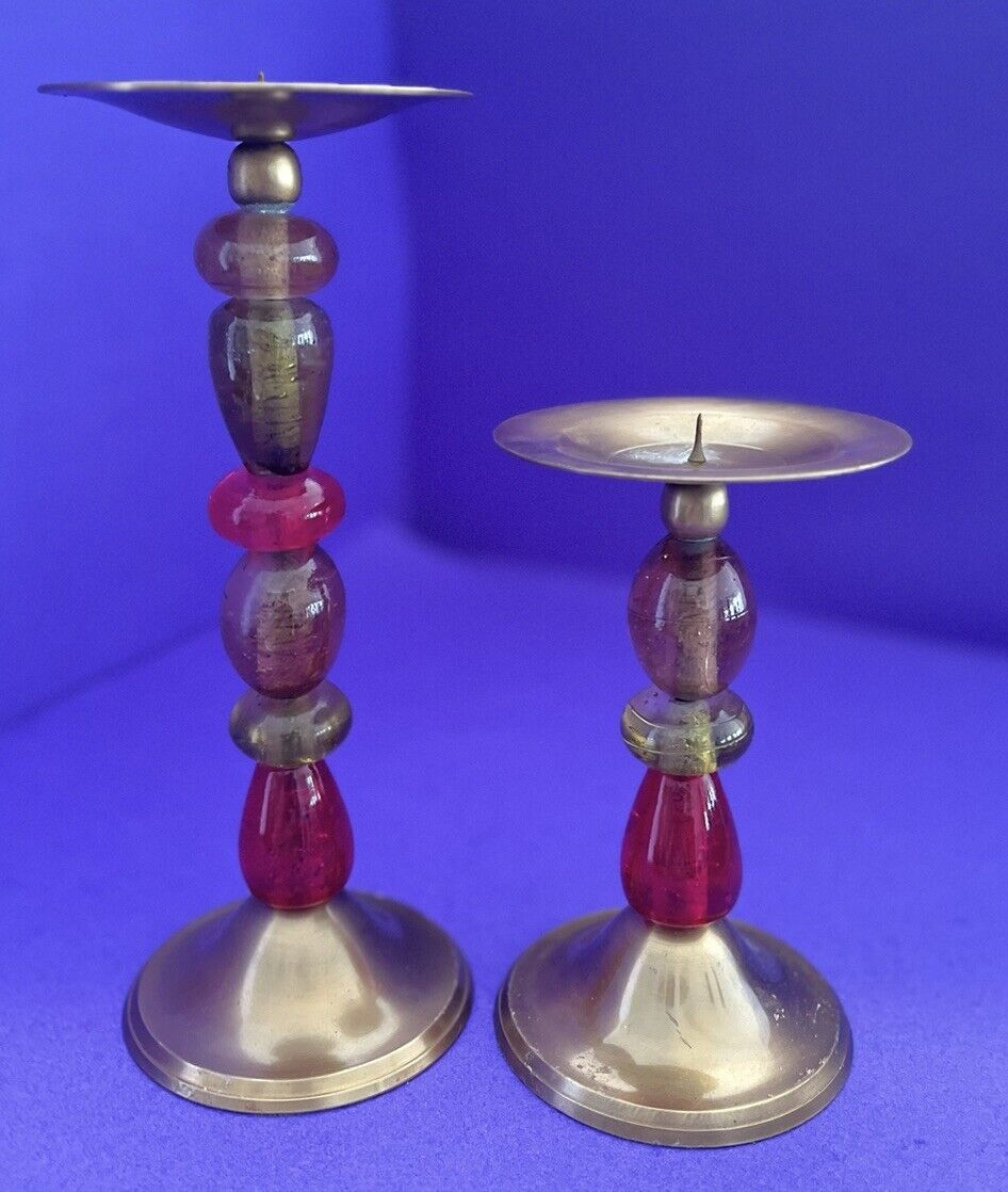 Vintage Set of 2 Zodax Metal and Glass Pillar Candle Holders India SALE