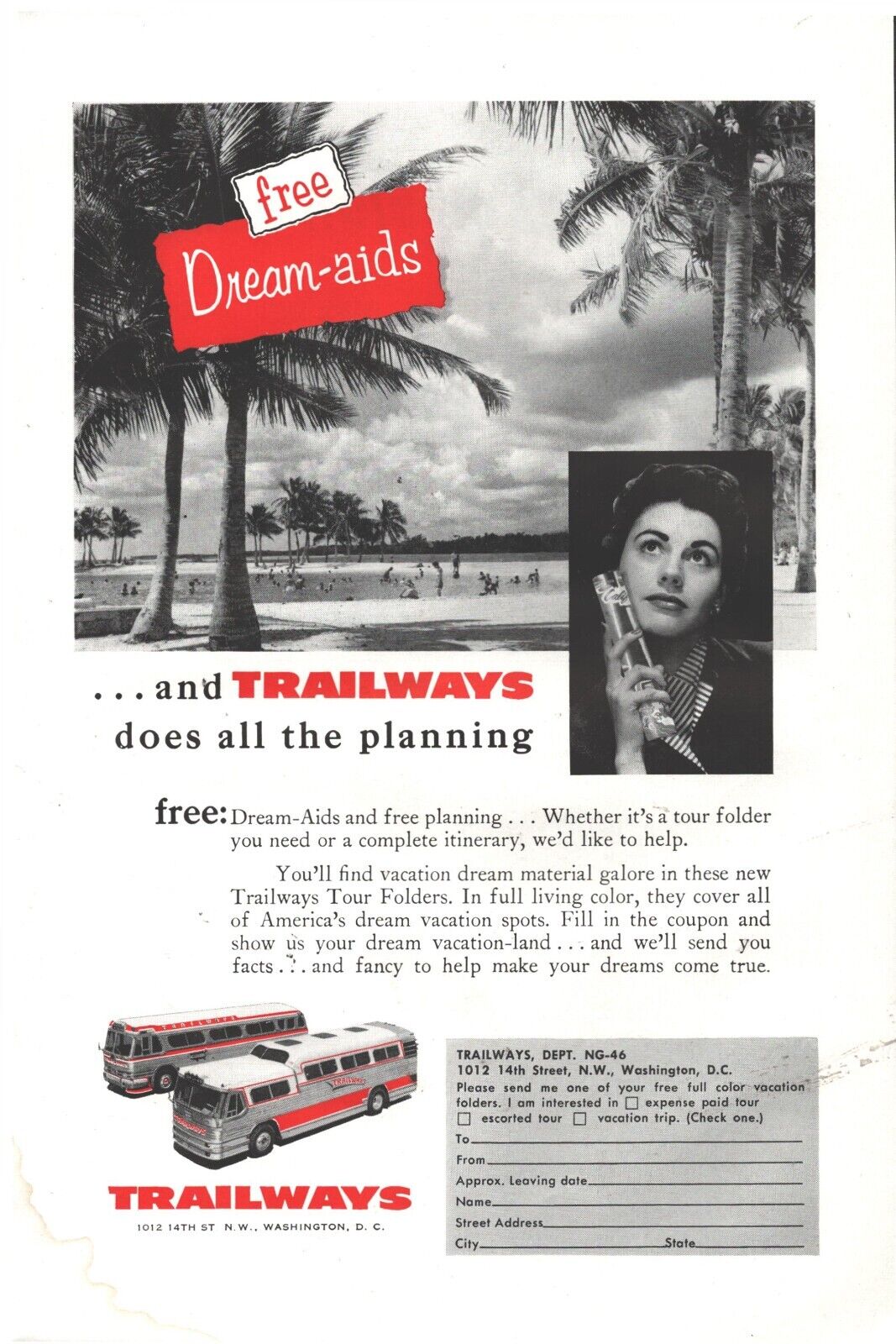 1956 Trailways Lines Bus Vacation Vintage Original Magazine Print Ad