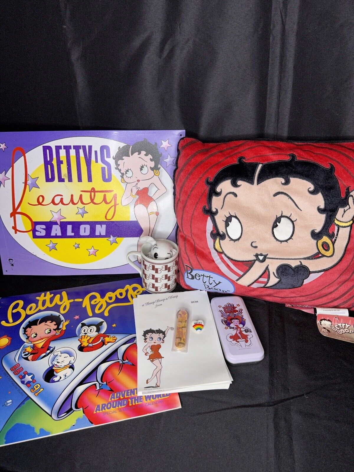 Betty Boop Vintage Treasure Box Beauty Salon Sign, Calendar '91, Pillow, Pin +