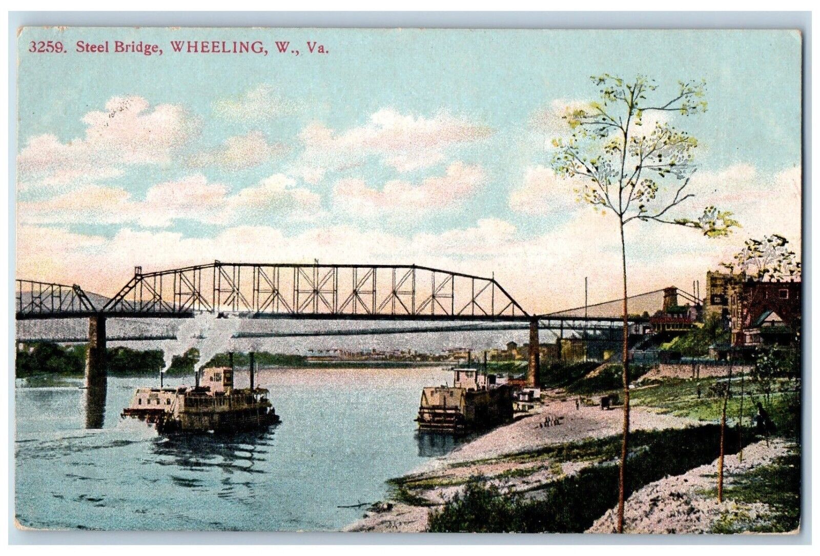 Wheeling West Virginia WV Postcard View Of Steel Bridge Boat c1910\'s Antique