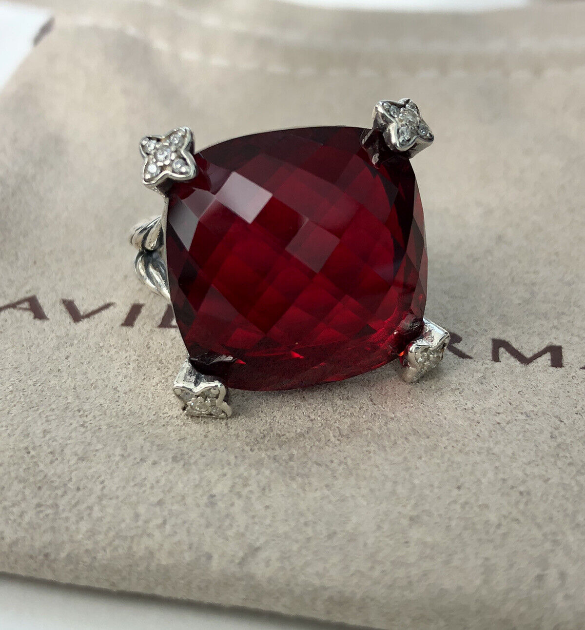 David Yurman 925 Silver Cushion On Point 20mm Red Garnet Diamond Ring Size8.5
