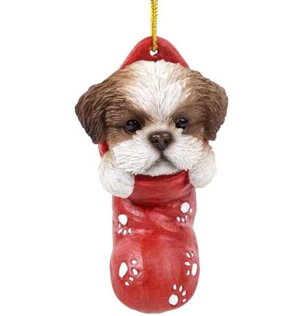 ✿ New STOCKING PUPS Ornament SHIH TZU Puppy Dog Christmas Tree Decor White Brown