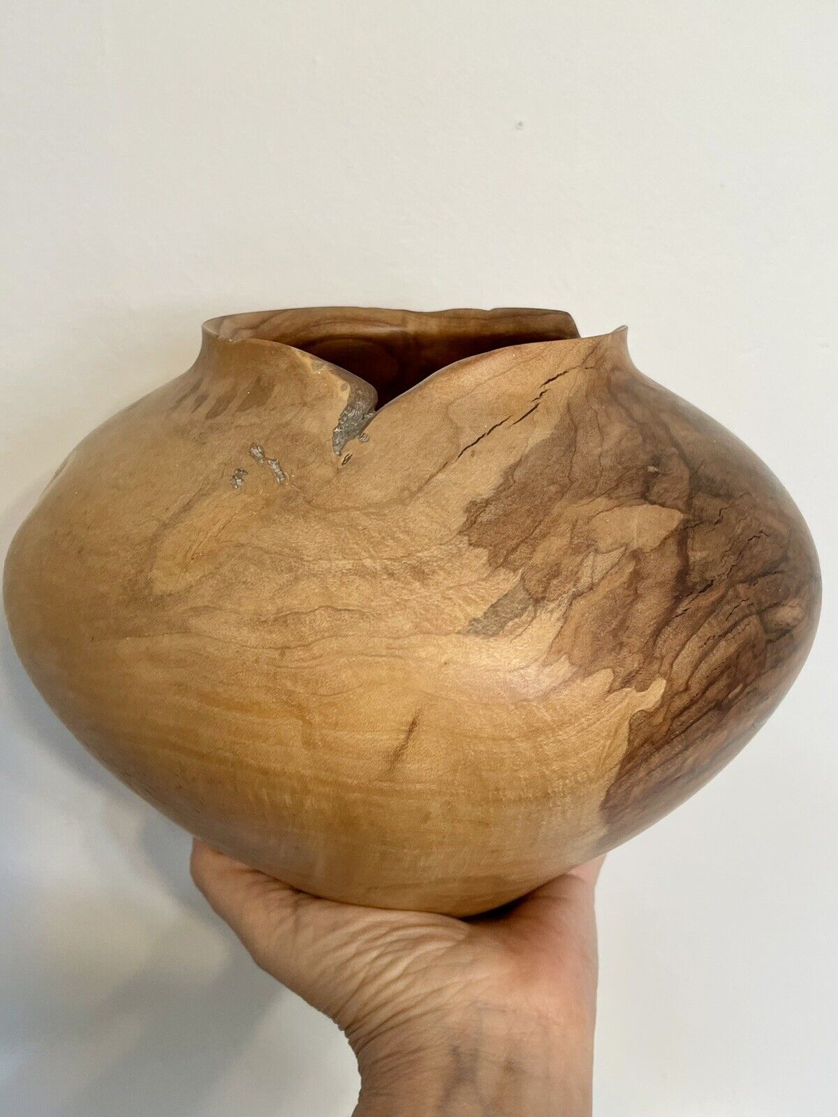 Vintage Large Turned Maple Burl Wood Vase Artist Signed Rustic Modernist
