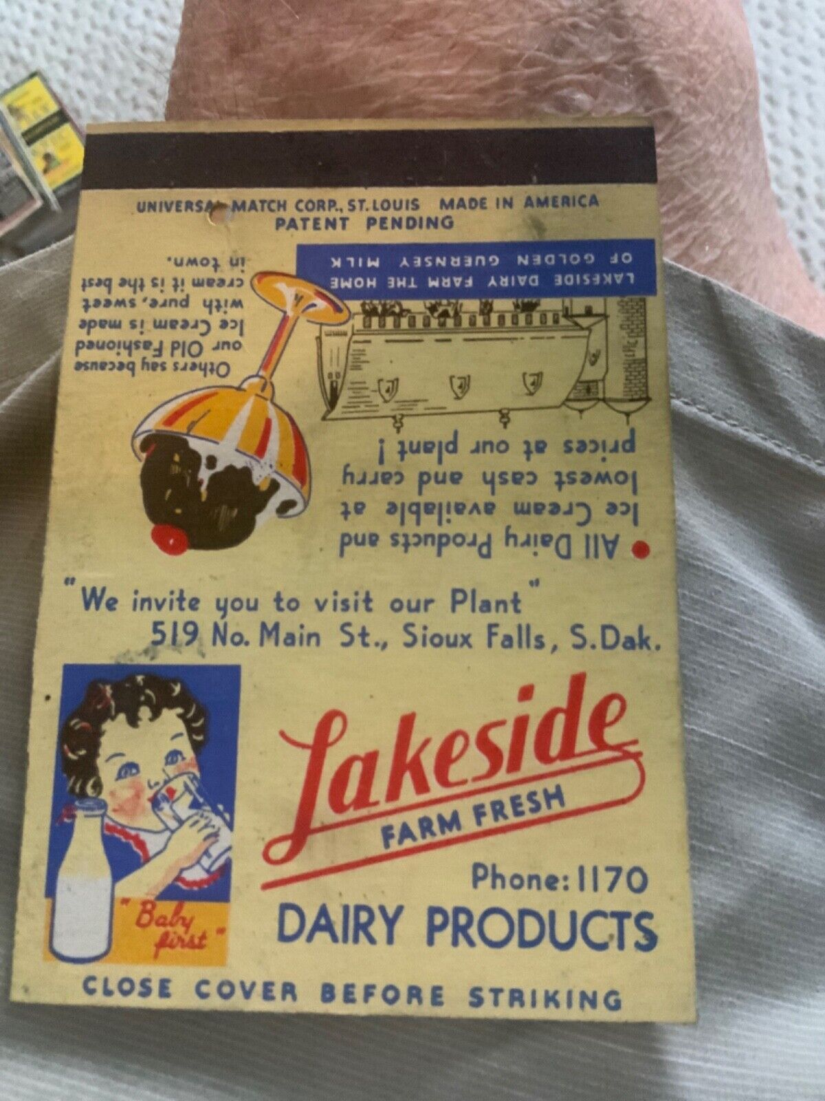 LAKESIDE DAIRY PRODUCTS Phone 1170 oversized MATCHCOVER Sioux Falls SD matchbook