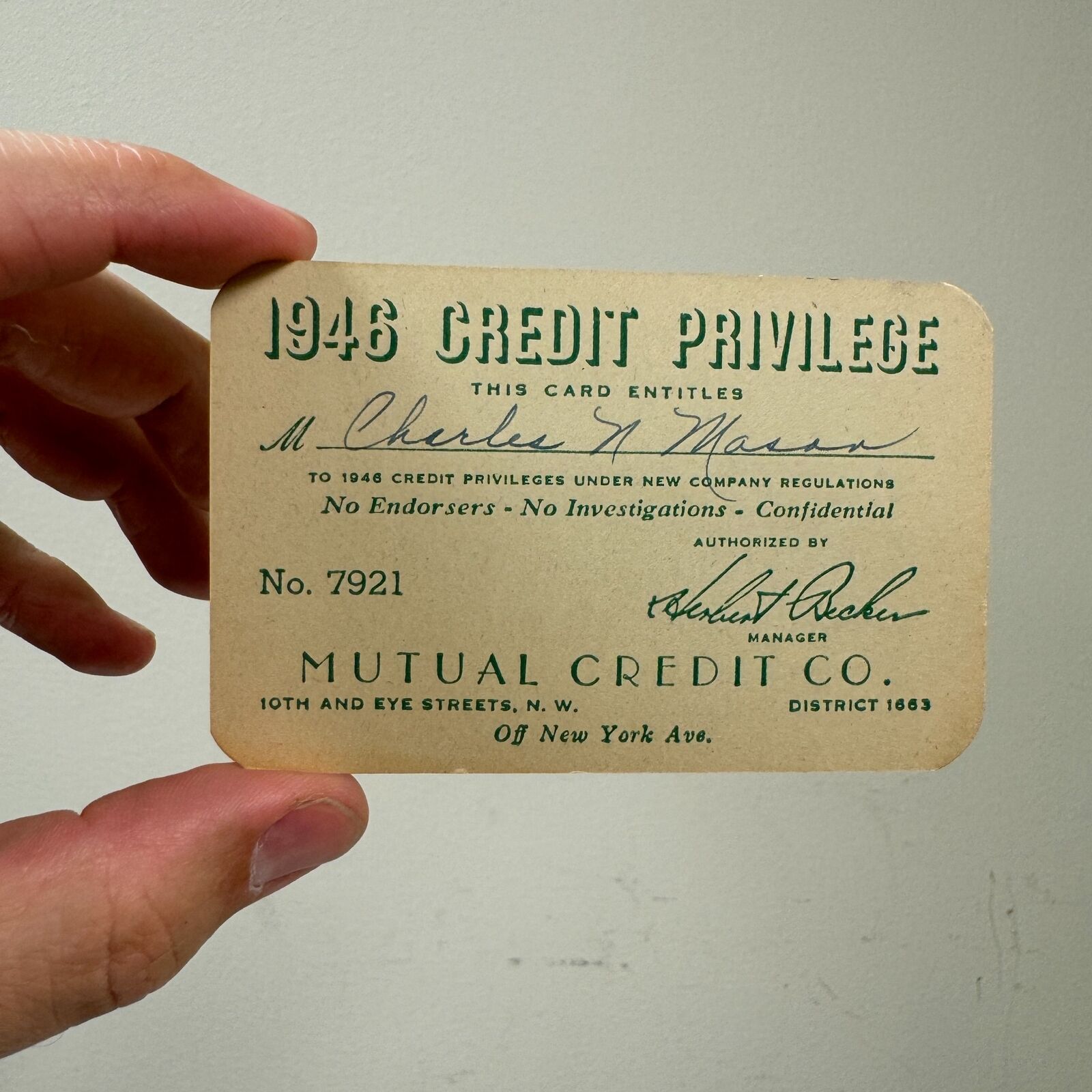 Vintage c.1940s MUTUAL CREDIT Co. Paper Credit Card Washington, DC
