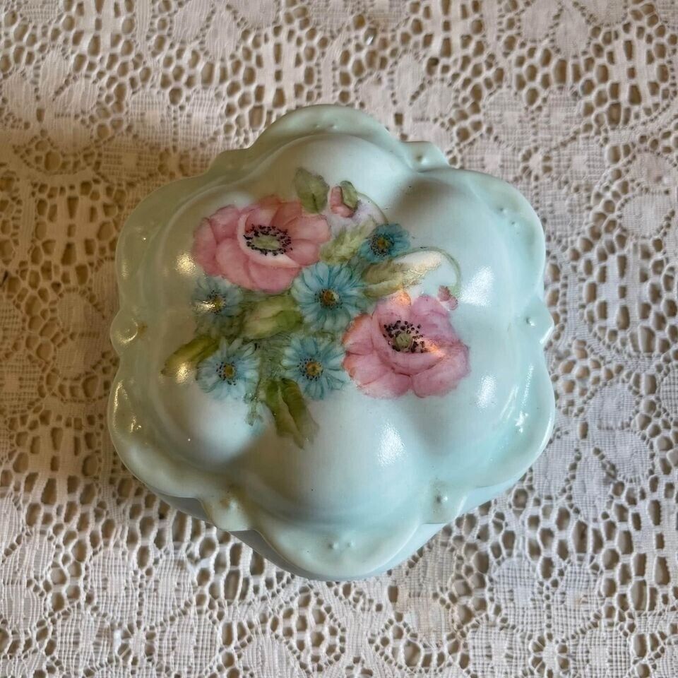 Vintage Beautifully Painted Blue And Pink Floral Trinket Jewelry Box Container