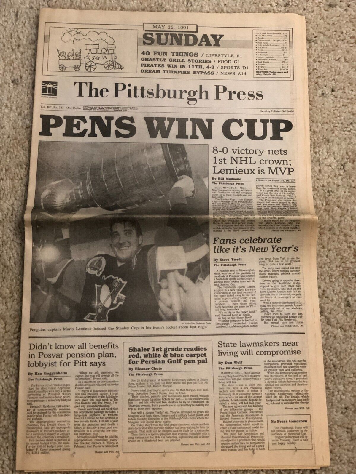 Pittsburgh Press Newspaper May 26 1991 Pittsburgh Penguins Mario Lemieux Champs