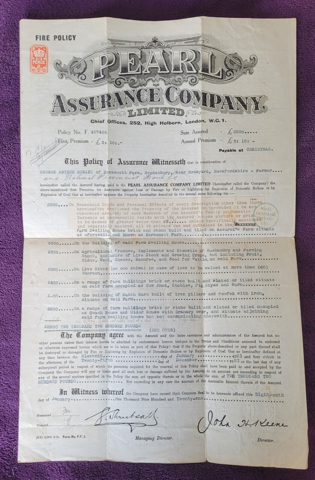 1921 Pearl Assurance Company  Certificate. G Bemand, Horsenett Farm, Brendenbury
