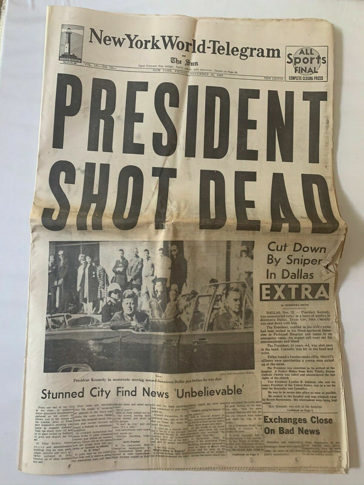 New York World Telegram The Sun November 22 1963 President Shot Dead Kennedy