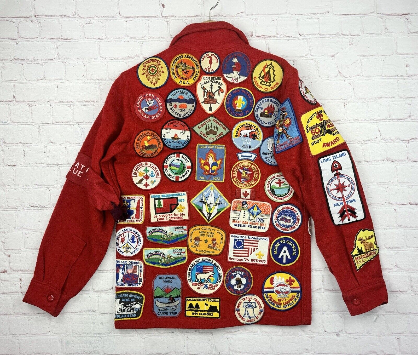 Vintage 1970s Boy Scout of America Red Wool Coat Official Jacket. W/ 60 Patches.