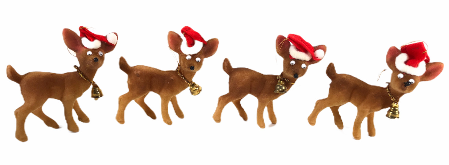 Vtg Flocked Reindeer Deer w/Googly Eyes Santa Hats Christmas Ornament Set of 4