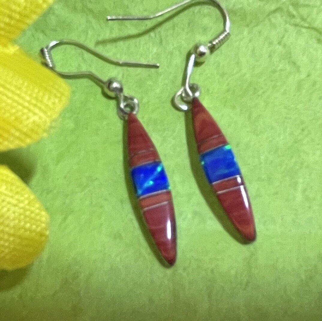 Navajo Sterling  Coral And Opal Earrings #698