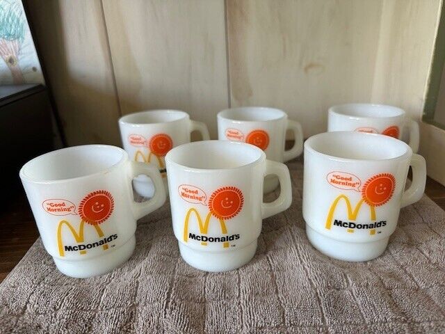 6 Vintage Retro McDonald\'s Fire King by Anchor Hocking Glass Coffee Mugs 1970s