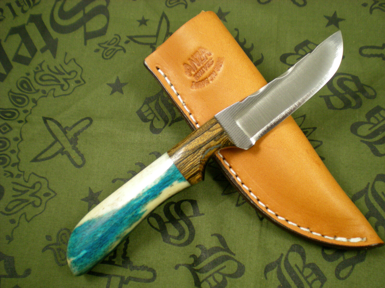 Custom Anza Knives USA  Blue Bone Skinner Bastard File Knife