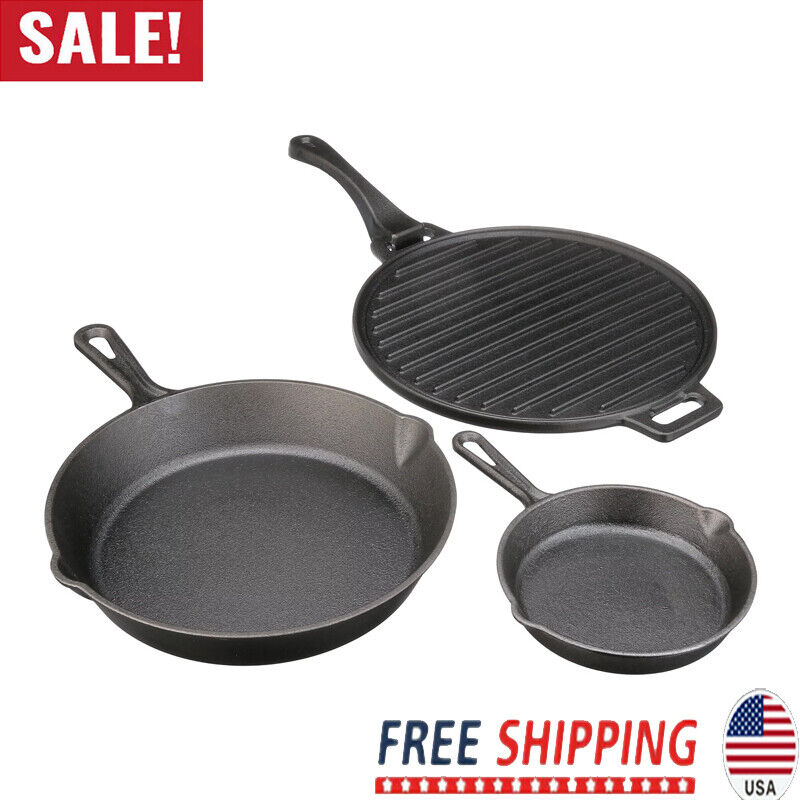 4-Piece Cast Iron Skillet Set W/ Handles and Griddle Bake Broil Fry Pre-Seasoned