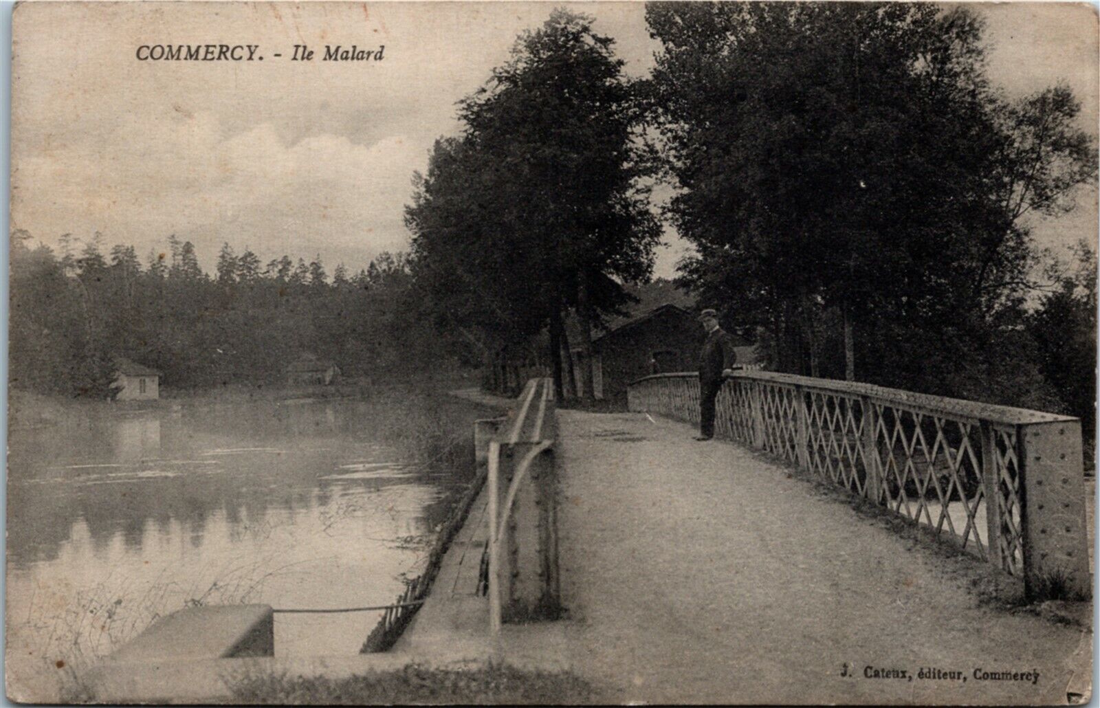 Postcard France Commercy Ile Malard - Man in Suit Standing on Bridge C.1910 K6