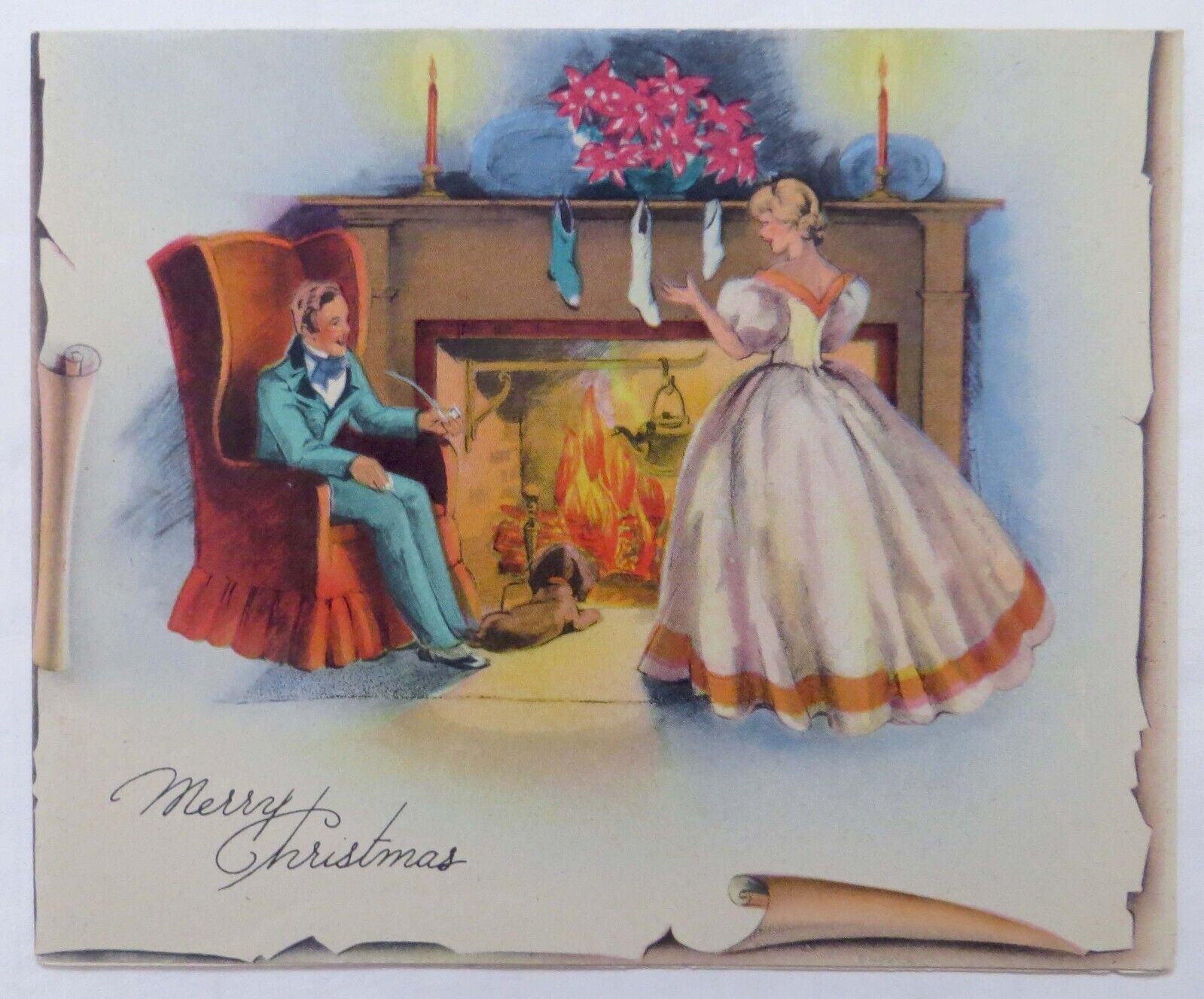 Vtg Lovely Christmas Card-VICTORIAN COUPLE BY THE FIREPLACE