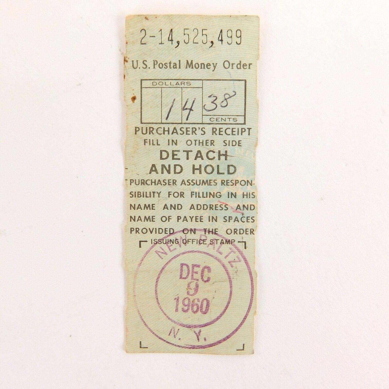 Vintage US Postal Money Order Purchasers Receipt New Paltz NY Dec 9 1960