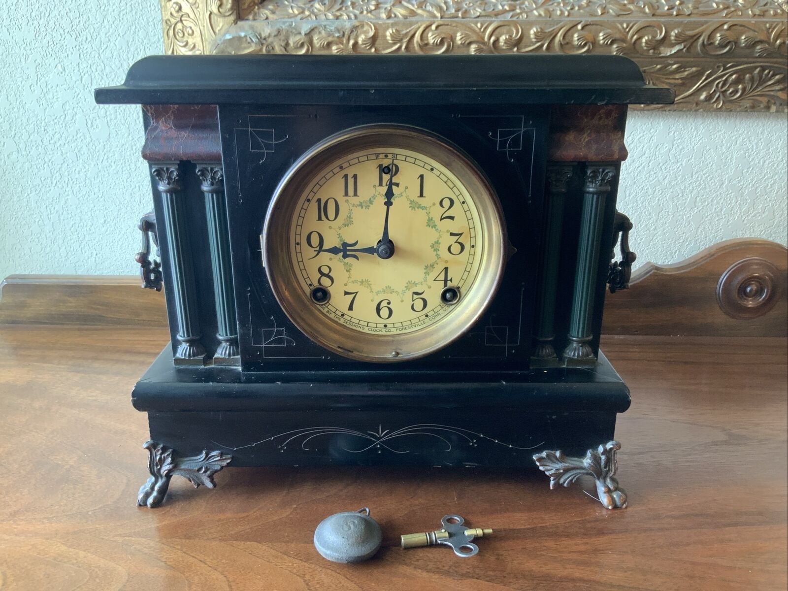 Vintage Antique Wind Up Wood Mantle Shelf Clock- Sessions Pillars Claw Feet