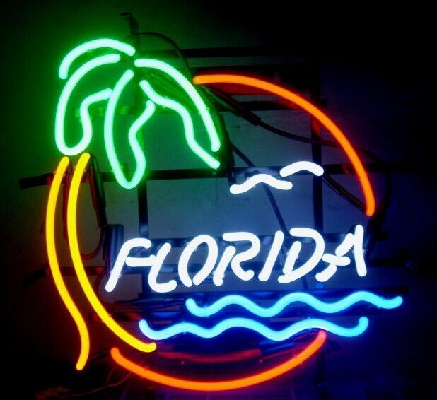 Florida Palm Tree Beach Happy Hour Neon Light Sign Lamp Bar Open Club 20\