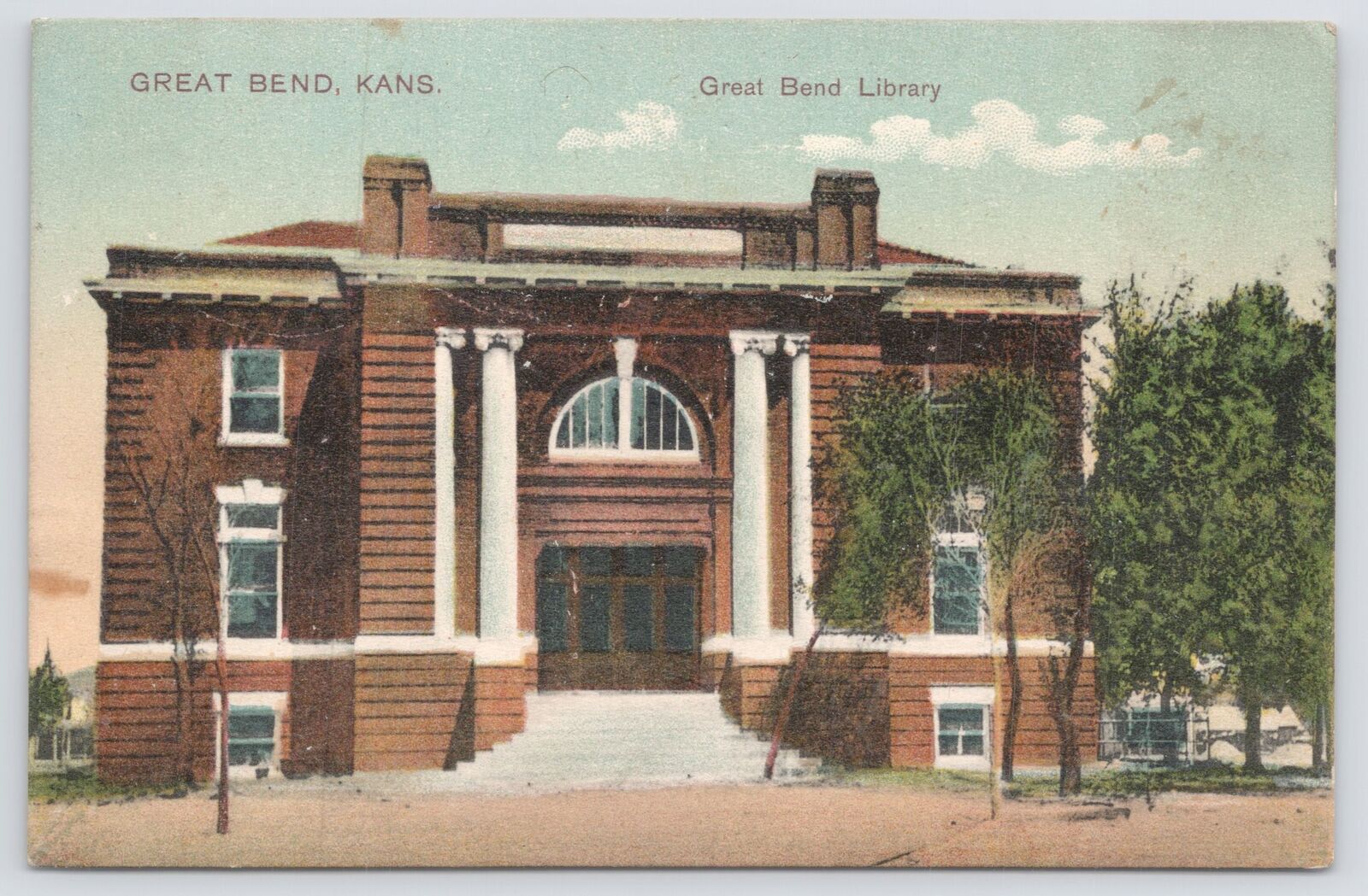 Great Bend Kansas~Front of Great Bend Library~Vintage Postcard