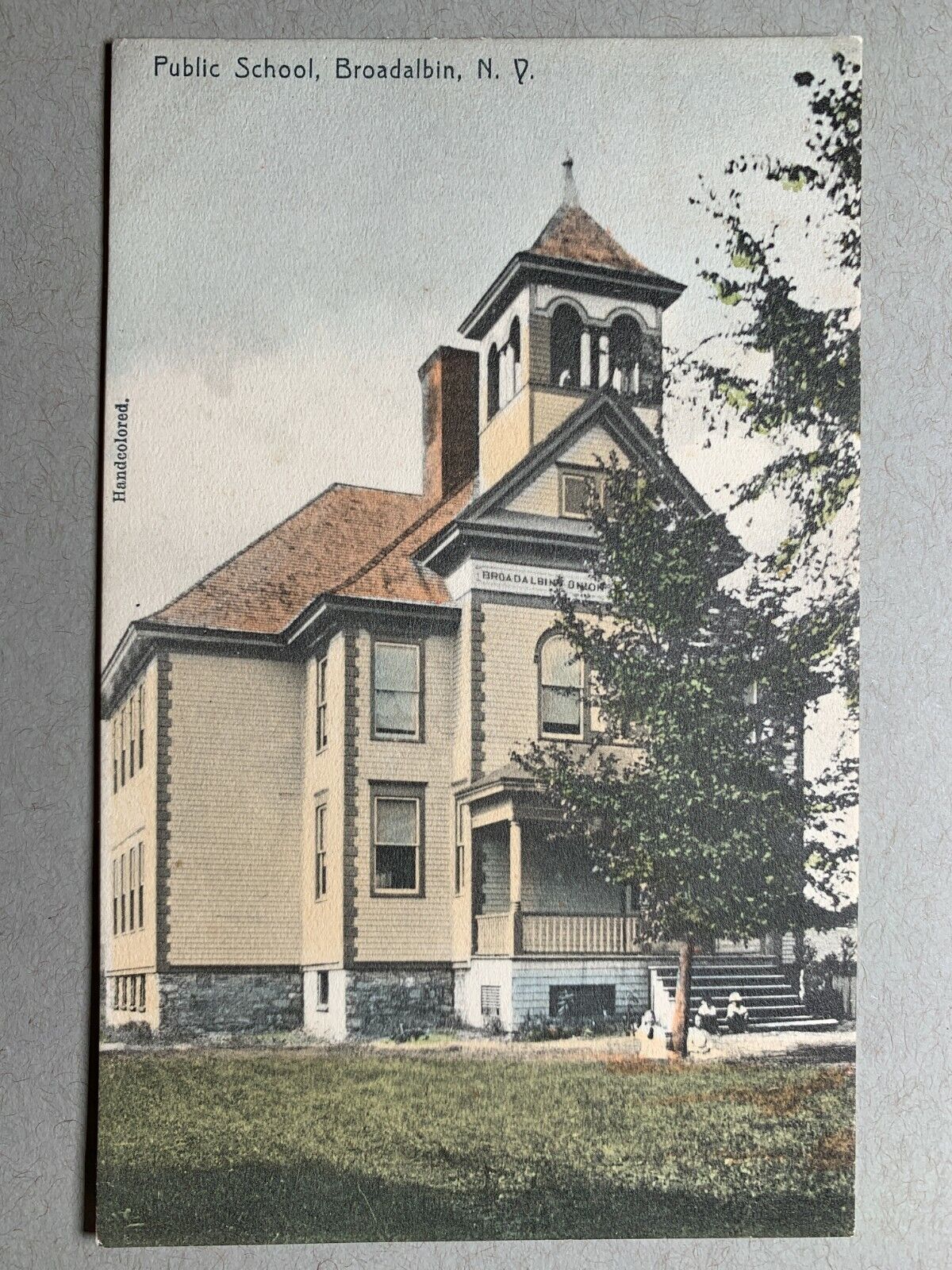 Hand Colored Postcard Broadalbin NY - Public School with Children on Steps