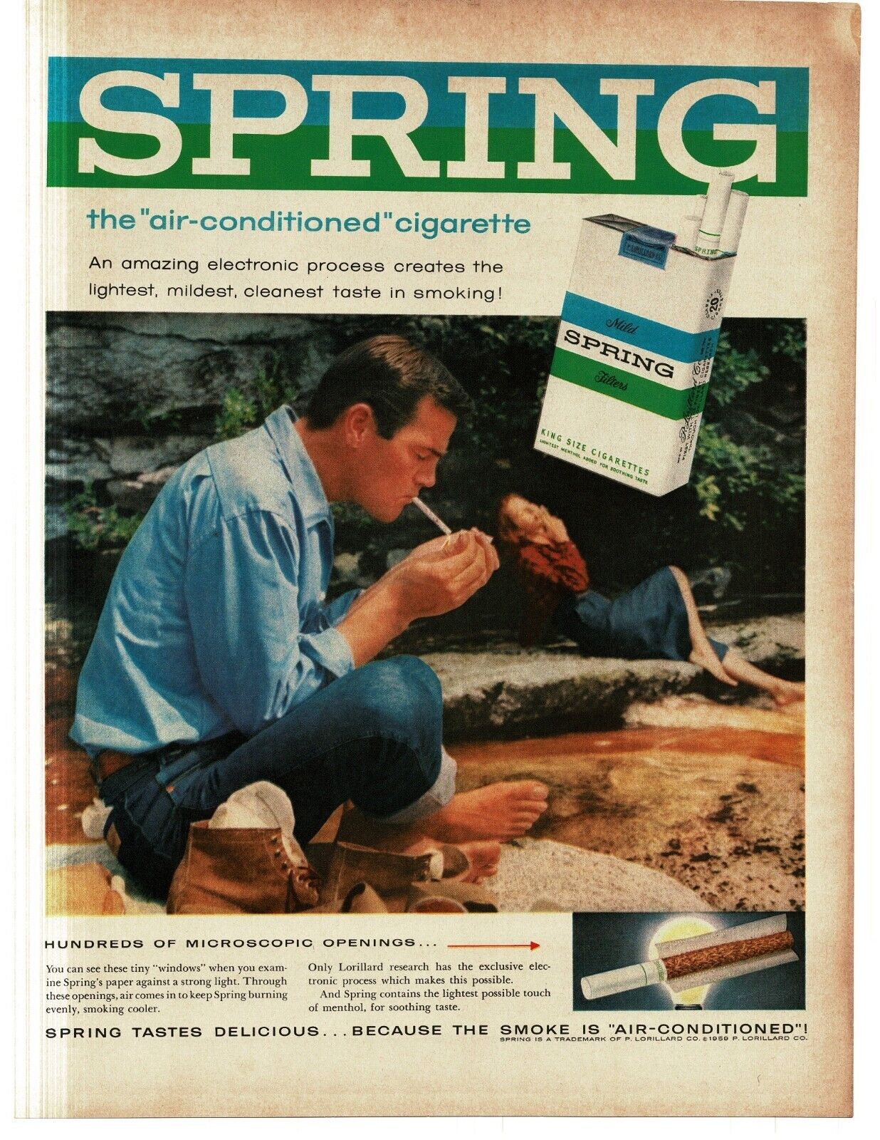 1959 Spring Cigarettes man woman relaxing beside stream Vintage Print Ad