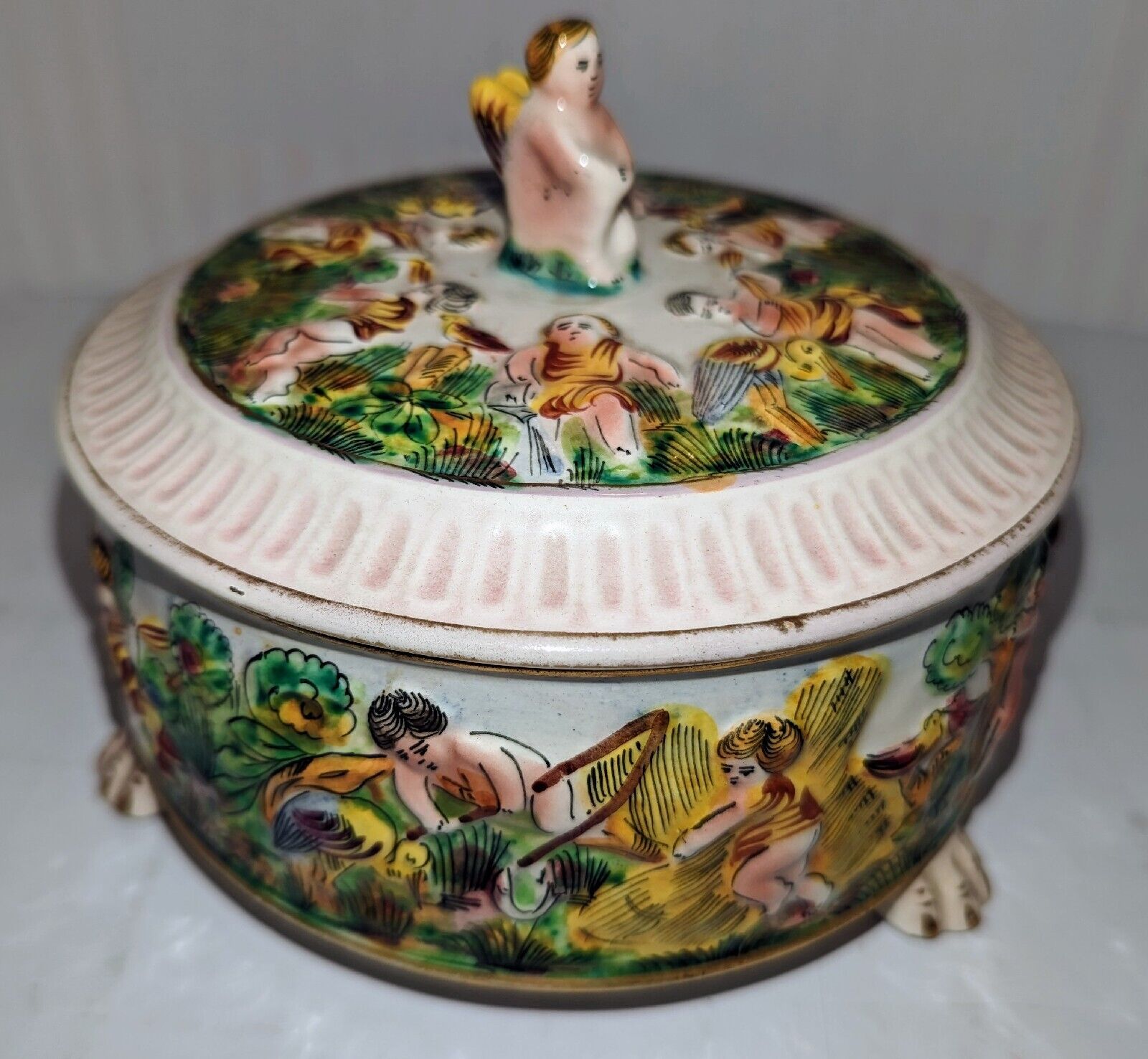 Vtg Capodimonte Cherub Box Porcelain Round Lidded Bowl Candy Dish Vanity Italy😇