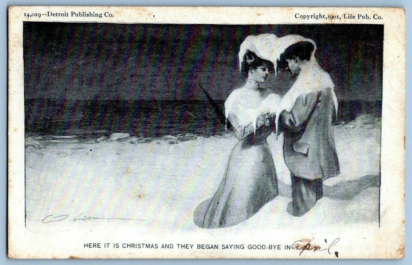 UDB Illustrated Postcard~ Romance~ Here It Is Christmas