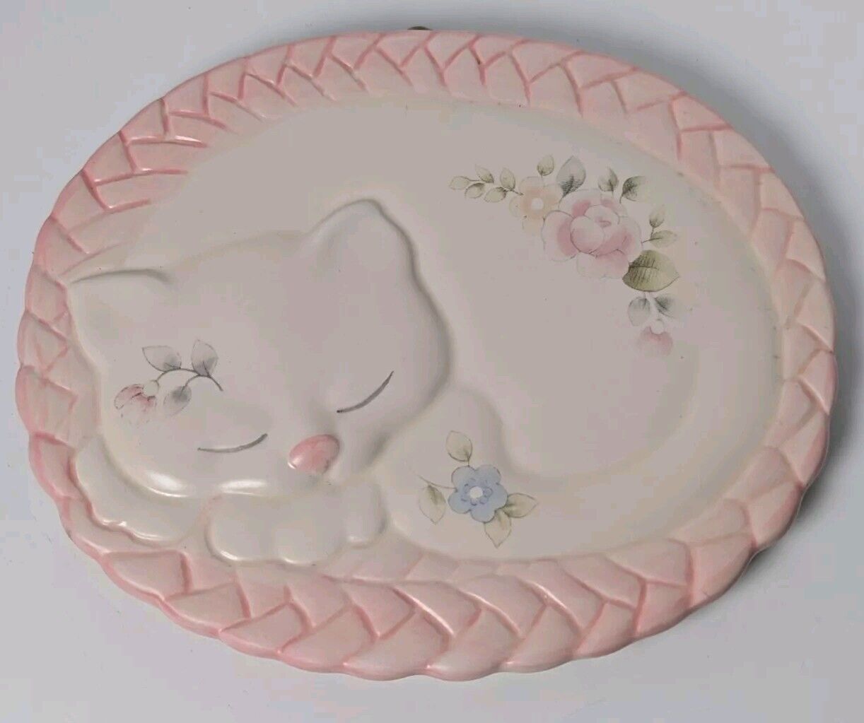 Vintage Pfaltzgraff Tea Rose Cat Kitten on Rug Trivet or Wall Plaque Stoneware