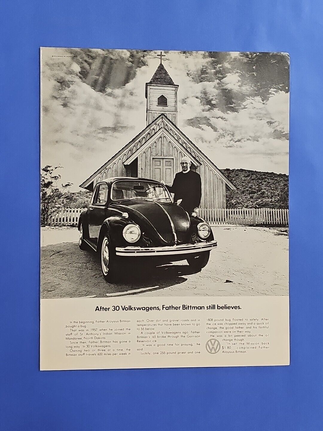1969 VW VOLKSWAGEN Bug St. Anthony\'s Indian Mission Father Bittman Vintage Ad