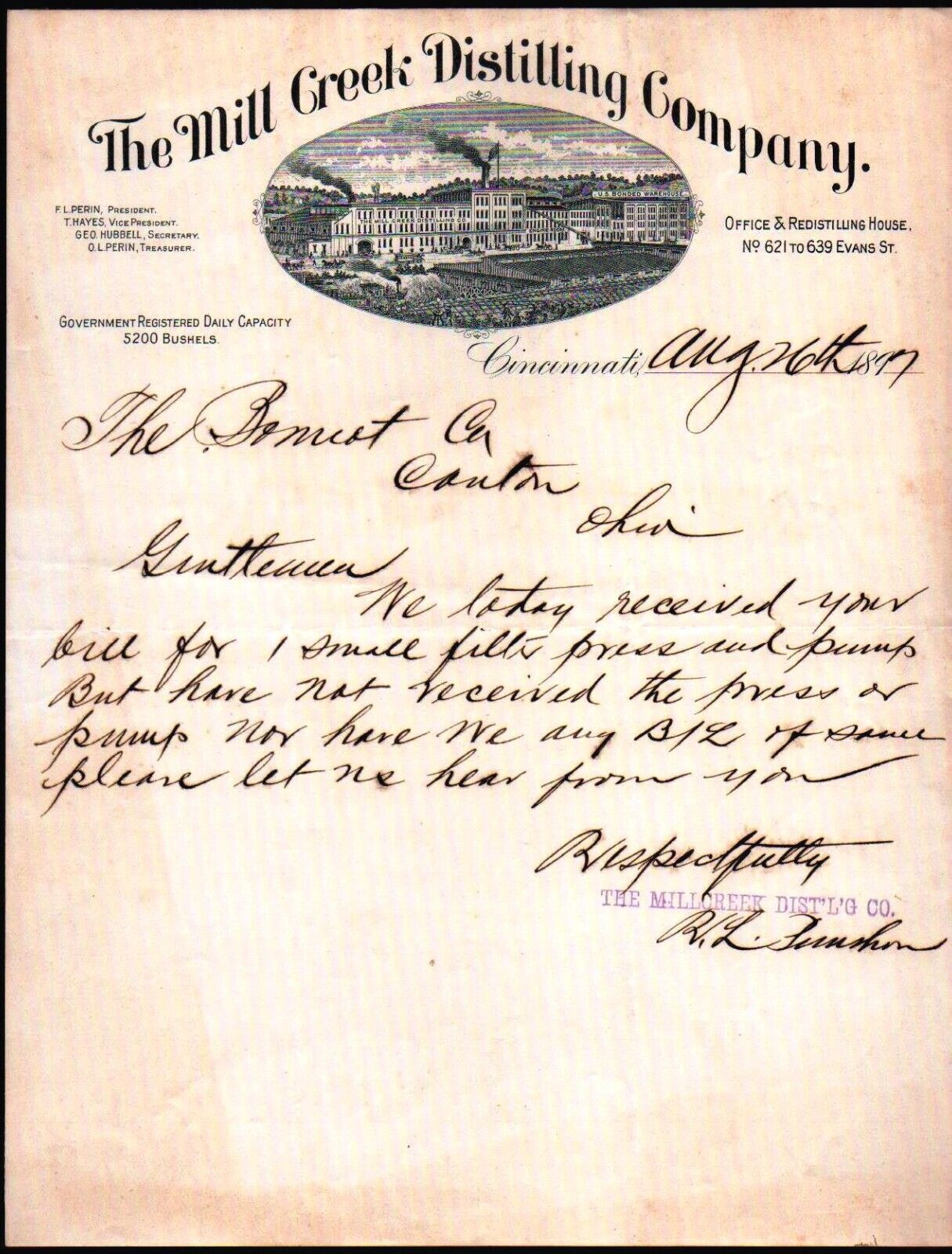 1897 Cincinnati Oh - Mill Creek Distilling Co - Rare Letter Head Bill