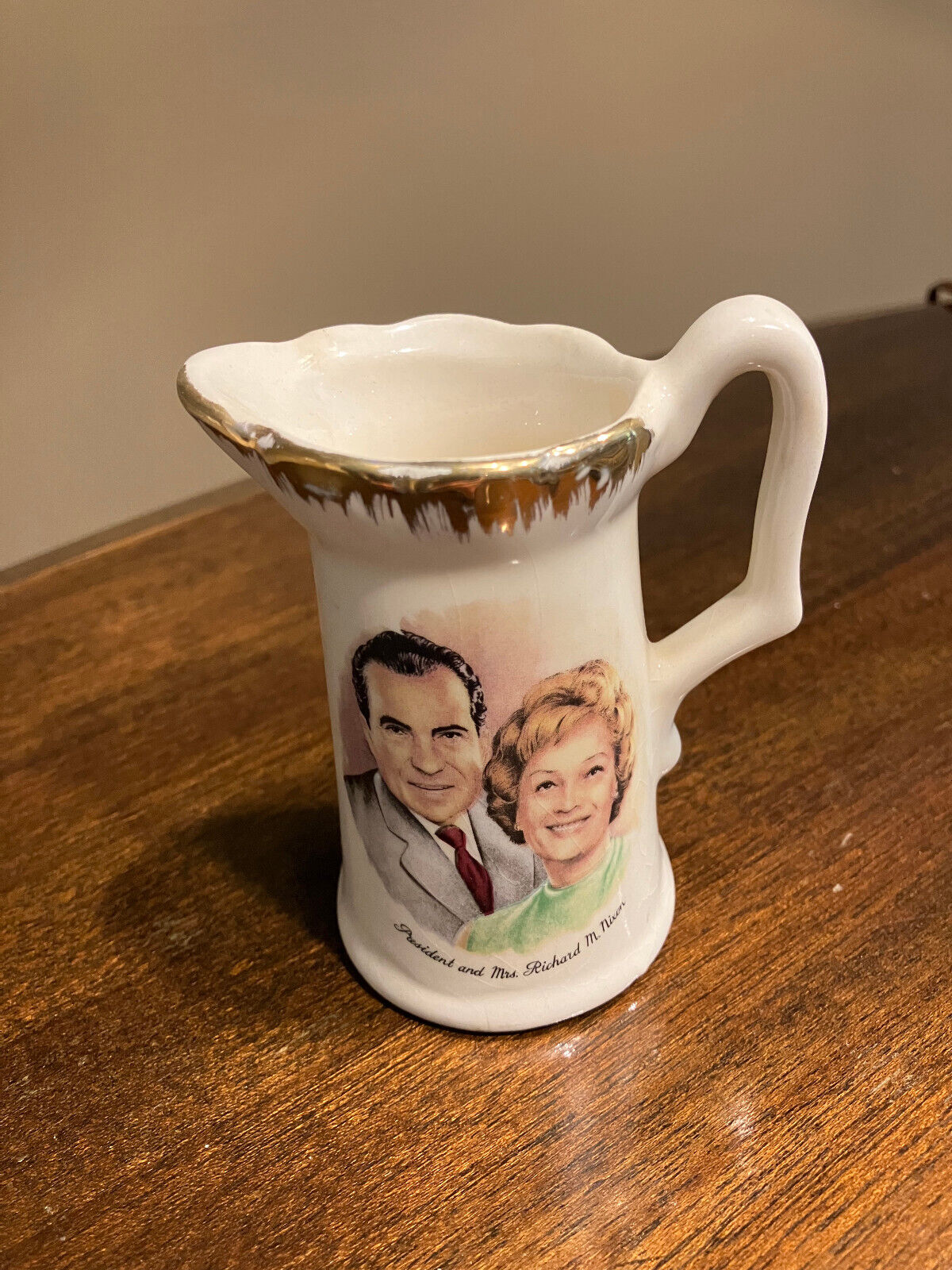 Richard M Nixon 37th President Gold Trim Creamer Miniature Pitcher Made In USA 