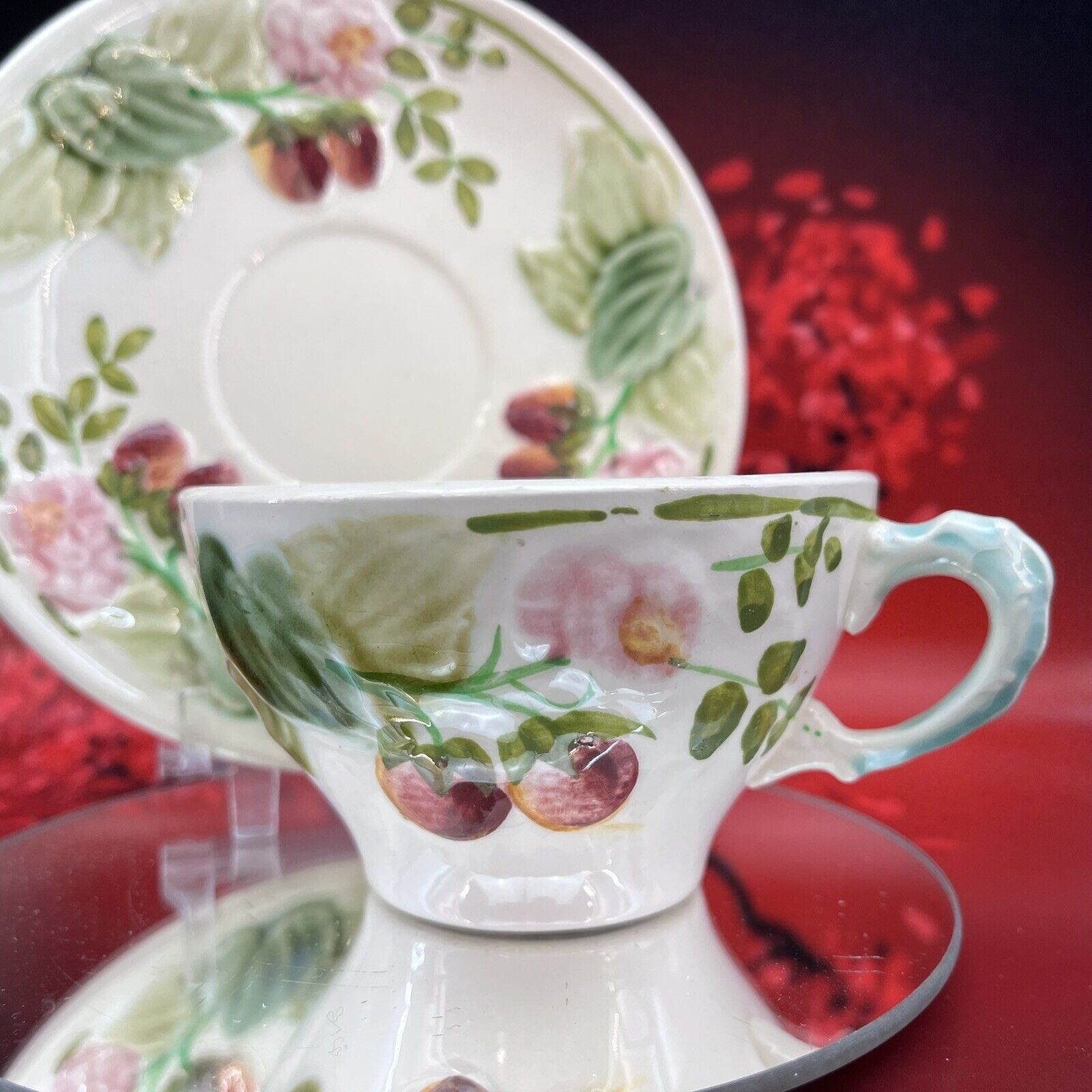 Hautin Boulenger Strawberry Ceramic Teacup and Saucer France Vintage Tea BX27