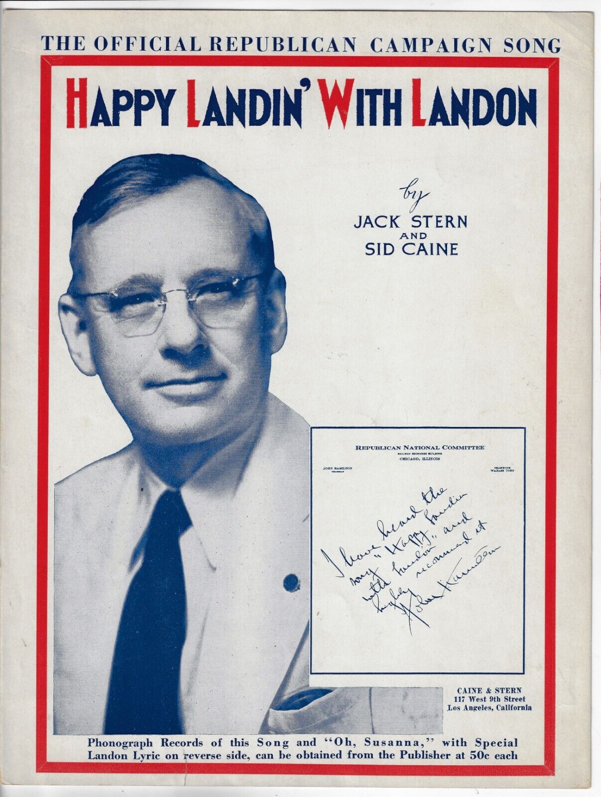 1936 Happy Landin\' With (Alf) Landon Presidential Campaign Sheet Music