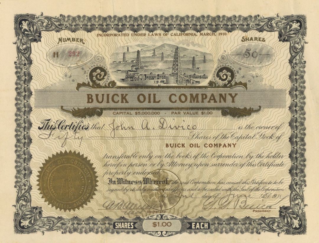 David Dunbar Buick signed Buick Oil Co. - Autograph Stock Certificate - Automoti