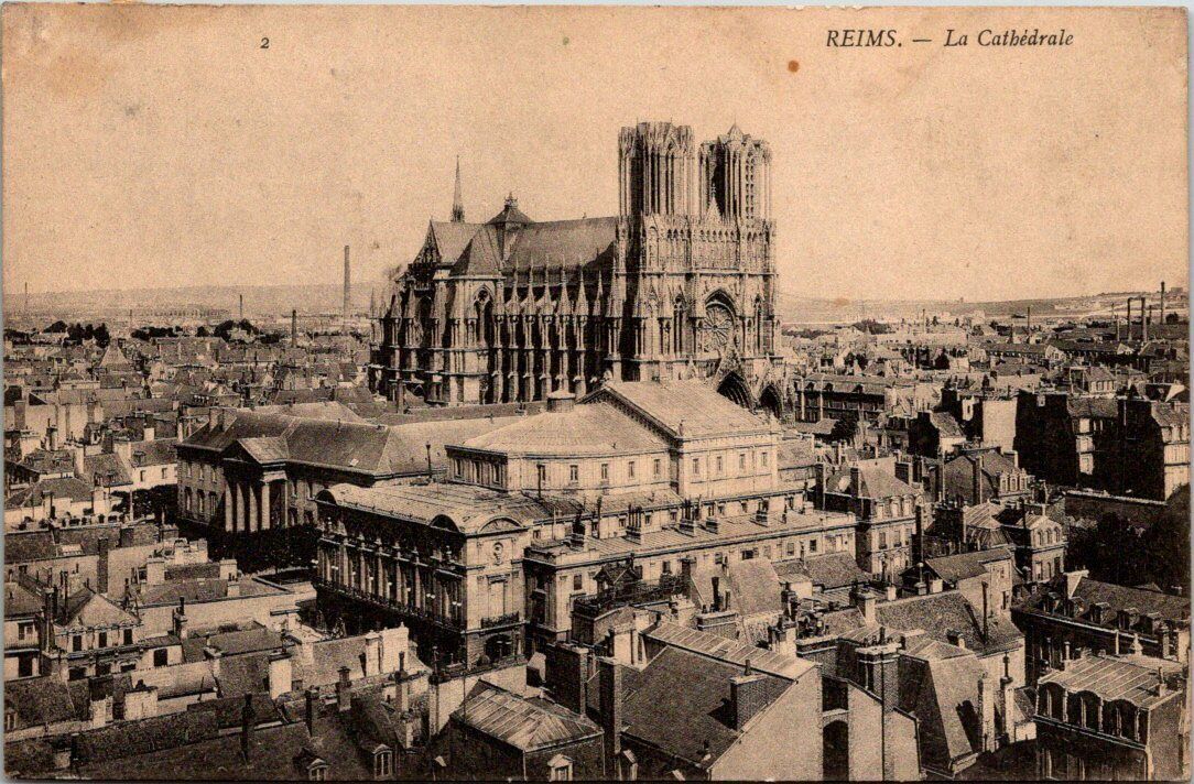 VINTAGE POSTCARD THE CATHEDRAL AT REIMS WITH CANCEL AND POSTAGE DUE TRIANGLE M