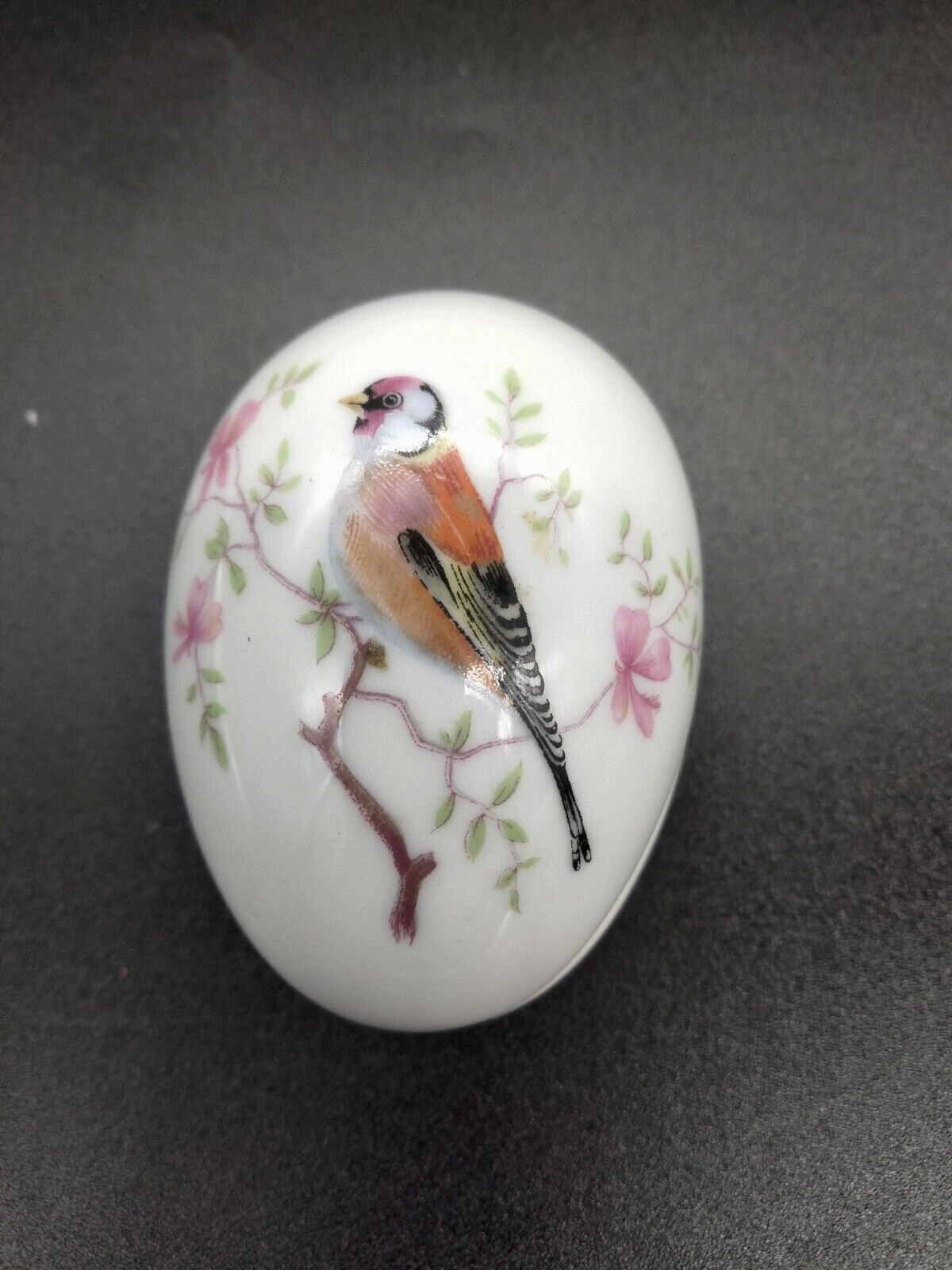 Vintage Rochard Limoges Egg Shaped Trinket Box Bird in Cherry Blossom Tree