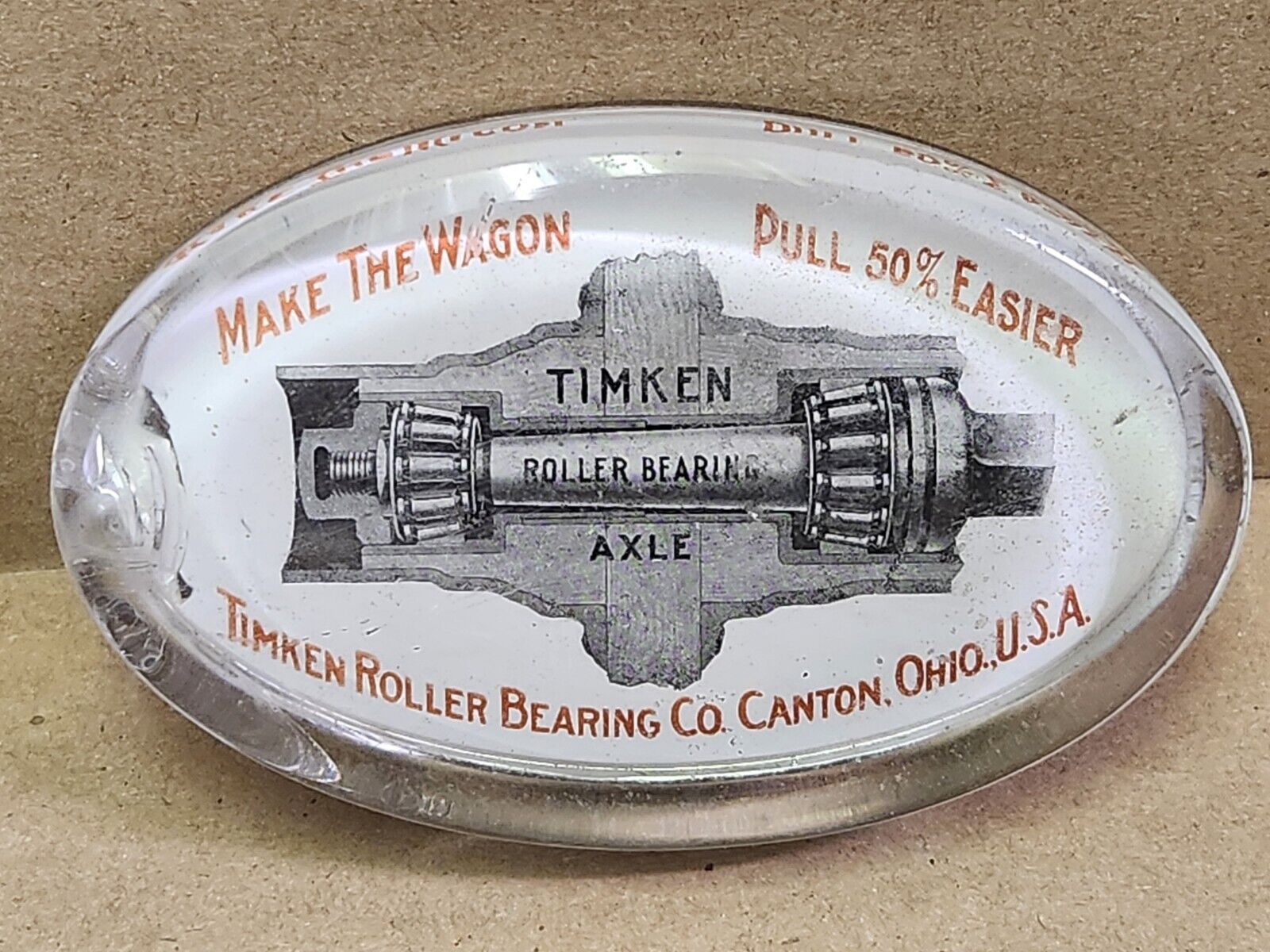 Antique Timken Roller Bearing Axle Co Advertising Glass Paper Weight Canton OH